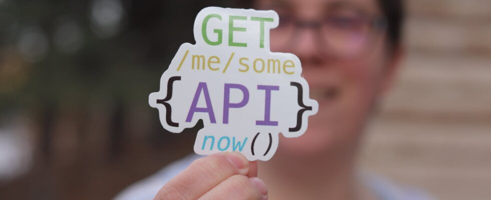 programmer holding a paper cutout with an api quote