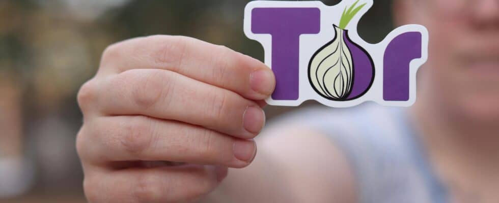 A close-up of a person holding a Tor browser logo sticker with a blurred outdoor background.