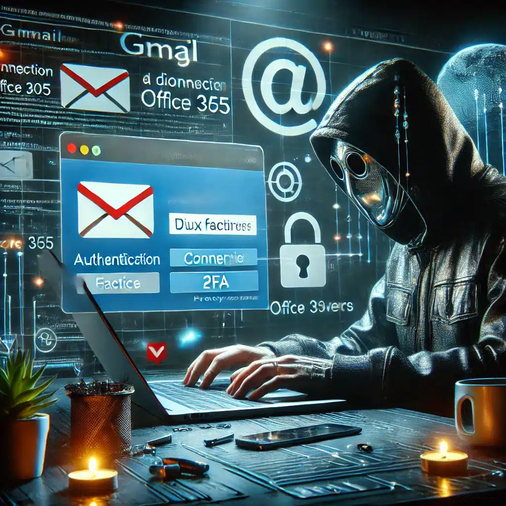 DALL·E 2025 02 21 14.34.58 Un cybercriminel utilisant un outil de phishing sophistique nomme Astaroth avec un ecran montrant un site de connexion factice imitant Gmail ou Offic