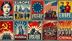 A collage of propaganda posters representing different political styles from Europe, the United States, Russia, and China. Each section of the image s
