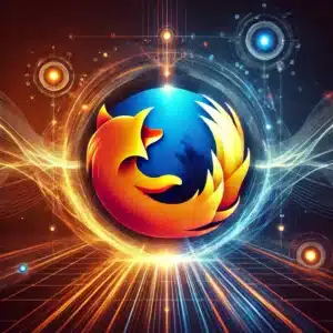 A futuristic and artistic representation of the Firefox web browser. The image features a glowing, stylized Firefox logo at the center, surrounded by