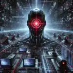 futuristic AI entity named 'Openmanus', depicted in the style of Skynet. A dark, high-tech artificial intelligence system with a glowing red eye at