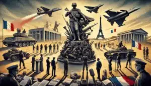 2025-03-26 11.29.40 - A powerful editorial illustration capturing the essence of modern France in 2025 amidst a discourse of rearmament. In the foreground, a crumbling stat