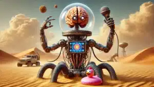A humorous Cymek-style AI inspired by the Dune universe. The AI is a floating mechanical brain encased in a transparent dome, mounted on an imposing c