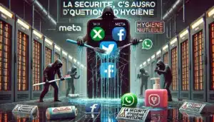 A digital illustration showing a large cracked smartphone with logos of X (formerly Twitter) and Meta (Facebook, Instagram, WhatsApp) leaking data lik