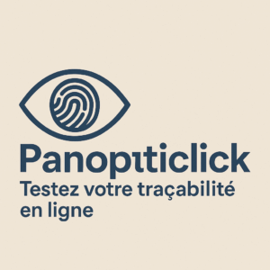Logo stylisé représentant un œil avec une empreinte digitale en guise d’iris, accompagné du texte “Panopticlick – Testez votre traçabilité en ligne” sur fond beige.