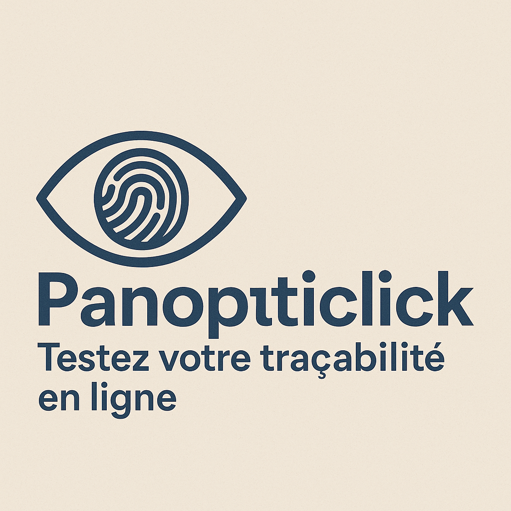 Logo stylisé représentant un œil avec une empreinte digitale en guise d’iris, accompagné du texte “Panopticlick – Testez votre traçabilité en ligne” sur fond beige.
