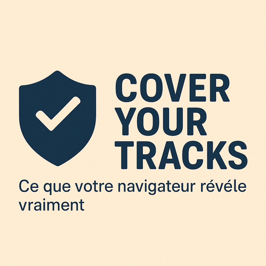 Logo stylisé en forme de bouclier bleu avec un check blanc, à côté du texte “Cover Your Tracks – Ce que votre navigateur révèle vraiment” sur fond beige.