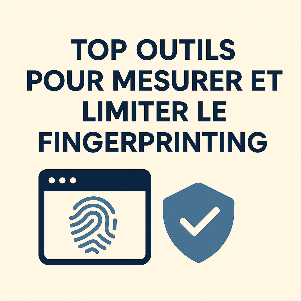 Illustration minimaliste avec, en haut, le texte “Top outils pour mesurer et limiter le fingerprinting” en bleu foncé, et en bas un pictogramme de fenêtre de navigateur avec une empreinte digitale à gauche, ainsi qu’un bouclier avec coche à droite, sur fond beige.