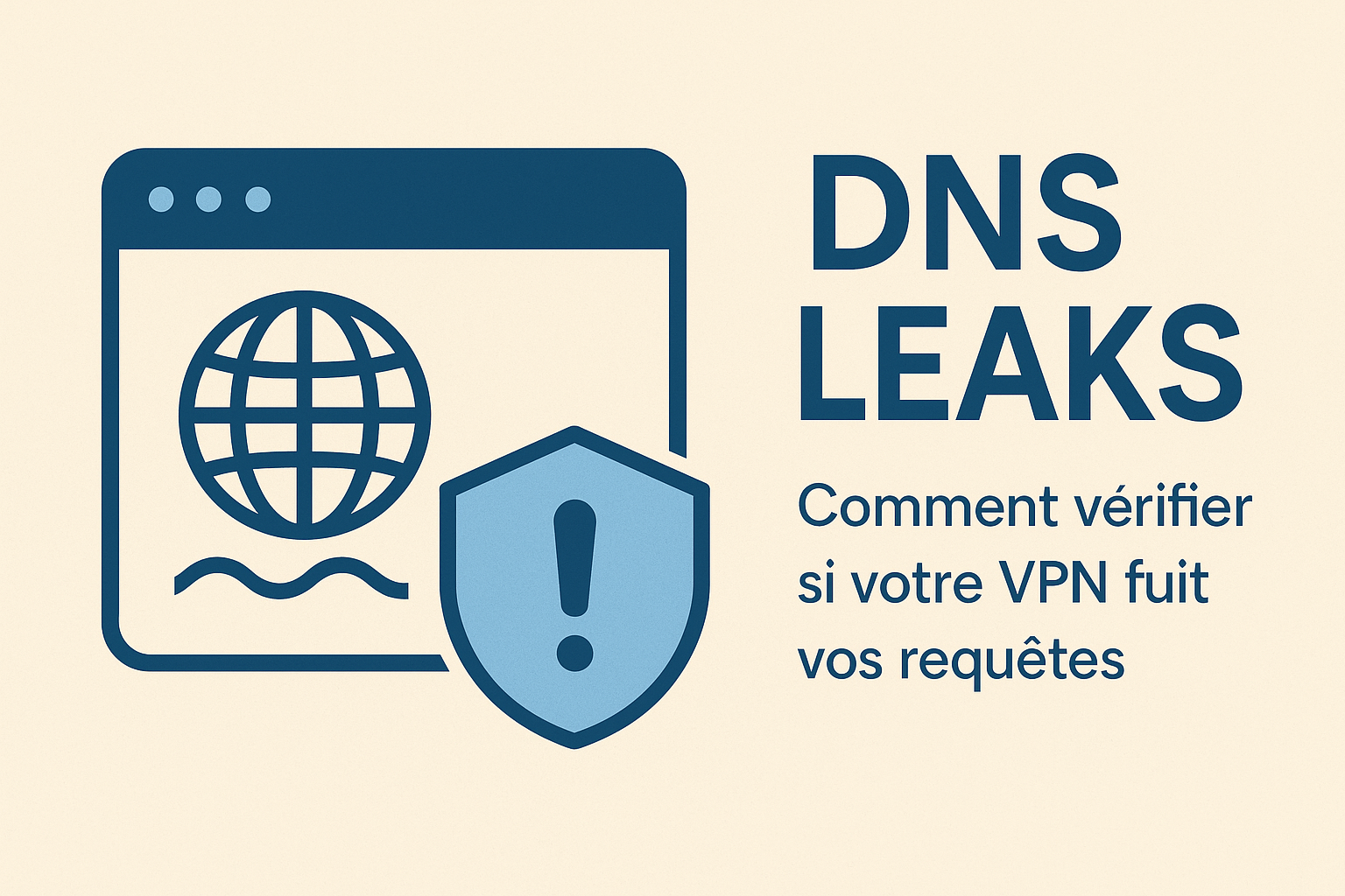 Illustration minimaliste sur fond beige représentant une fenêtre de navigateur avec une icône de globe et une ligne ondulée, accompagnée d’un bouclier bleu avec un point d’exclamation, à côté du texte “DNS Leaks – Comment vérifier si votre VPN fuit vos requêtes
