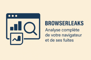 Illustration minimaliste représentant une fenêtre de navigateur avec un graphique à barres et une loupe, accompagnée d’un petit encadré montrant un graphique en courbe, à côté du texte “BrowserLeaks – Analyse complète de votre navigateur et de ses fuites”, sur fond beige.