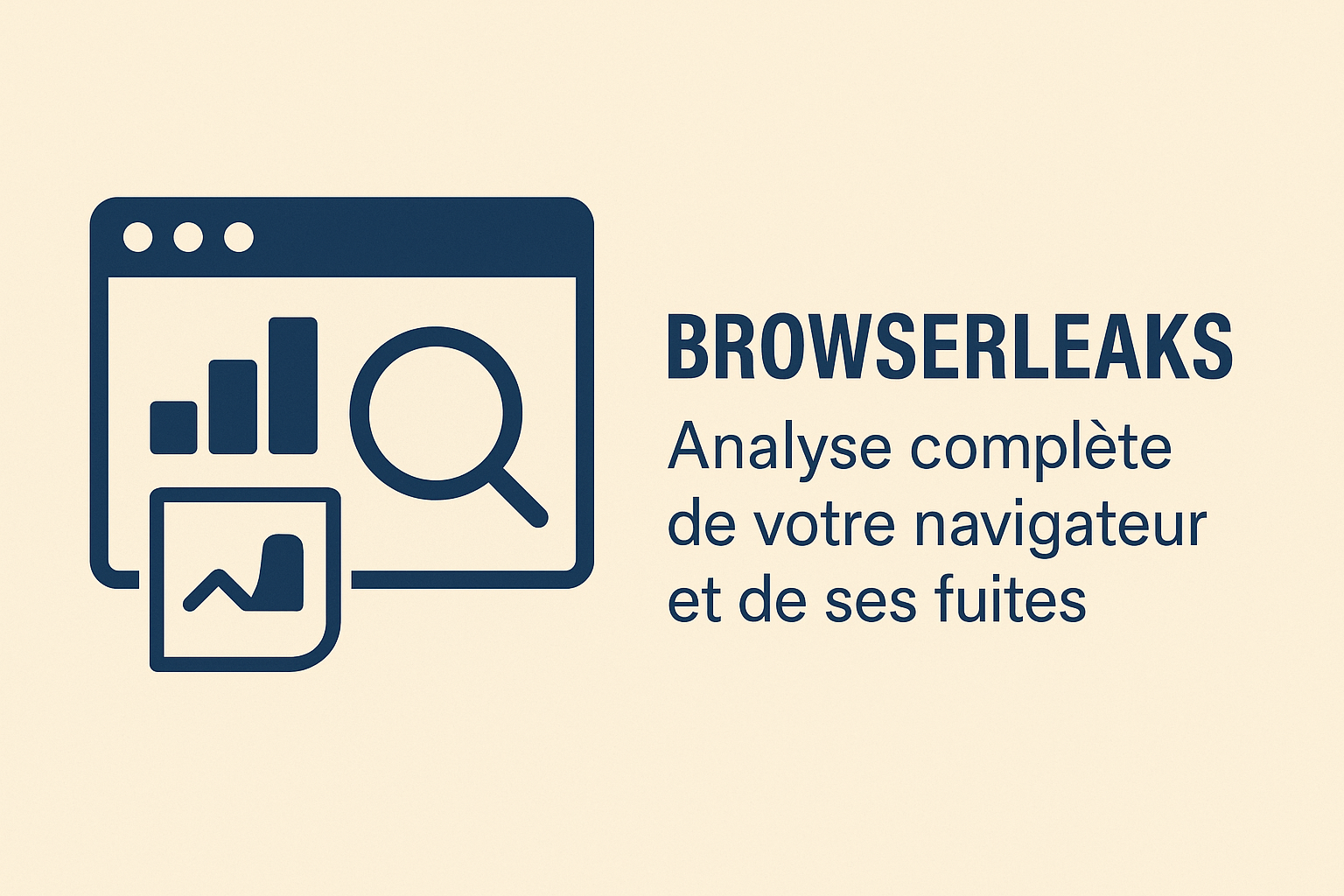 Illustration minimaliste représentant une fenêtre de navigateur avec un graphique à barres et une loupe, accompagnée d’un petit encadré montrant un graphique en courbe, à côté du texte “BrowserLeaks – Analyse complète de votre navigateur et de ses fuites”, sur fond beige.