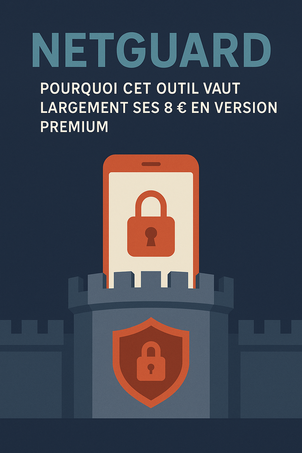 Illustration sombre représentant une forteresse stylisée avec un smartphone orange affichant un cadenas, placé au sommet du rempart, et un bouclier avec cadenas sur la porte, accompagnée du texte “NetGuard – Pourquoi cet outil vaut largement ses 8 € en version Premium