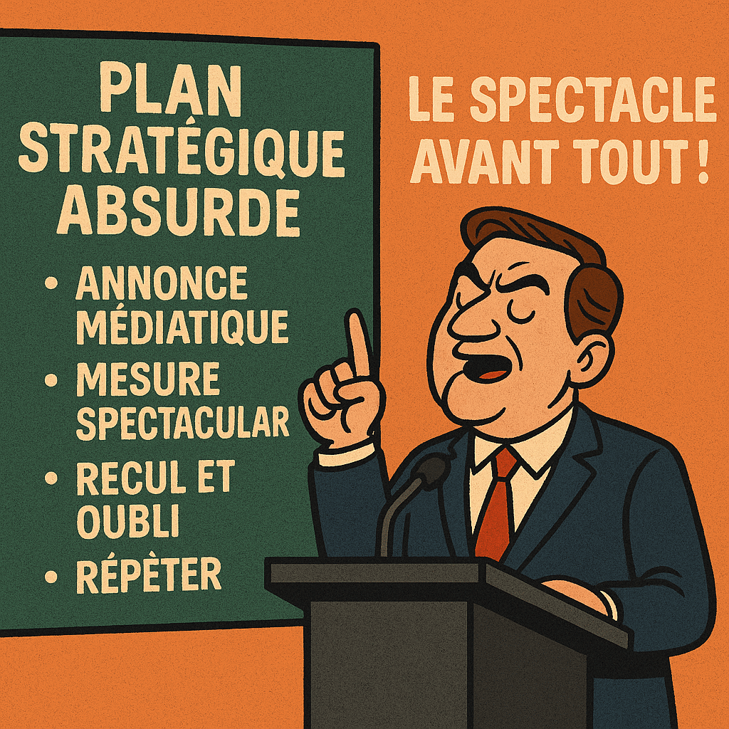 Illustration satirique montrant un politicien caricatural à un pupitre, à côté d’un panneau vert intitulé « Plan stratégique absurde » listant : « Annonce médiatique », « Mesure spectaculaire », « Recul et oubli », « Répéter ». En arrière-plan orange, le slogan « Le spectacle avant tout ! » apparaît en gros caractères.