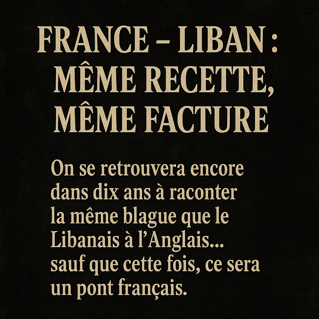 Image au fond sombre texturé, avec du texte beige en lettres capitales affichant « France – Liban : même recette, même facture » suivi d’une phrase plus petite : « On se retrouvera encore dans dix ans à raconter la même blague que le Libanais à l’Anglais… sauf que cette fois, ce sera un pont français
