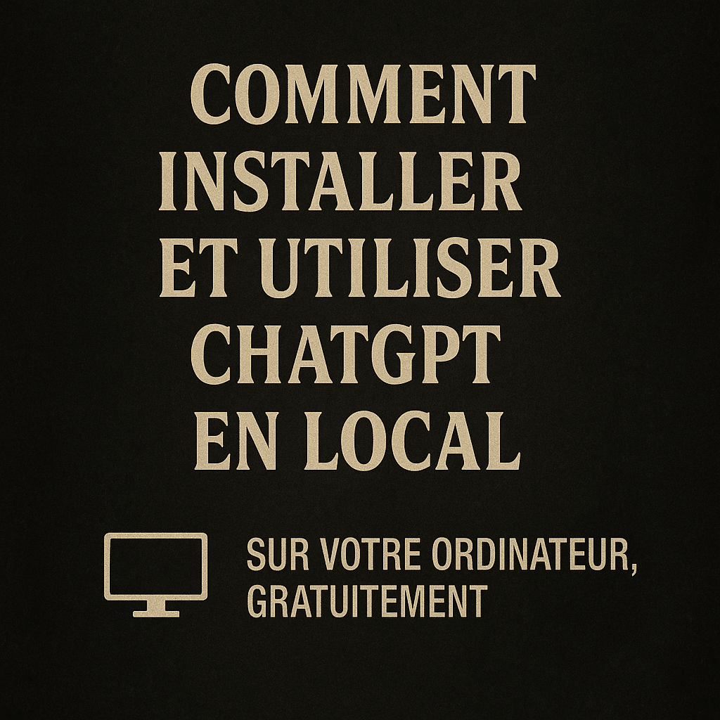 Visuel au fond sombre texturé, avec un texte beige en capitales : « Comment installer et utiliser ChatGPT en local » et, en dessous, une icône d’écran d’ordinateur suivie du texte « sur votre ordinateur, gratuitement